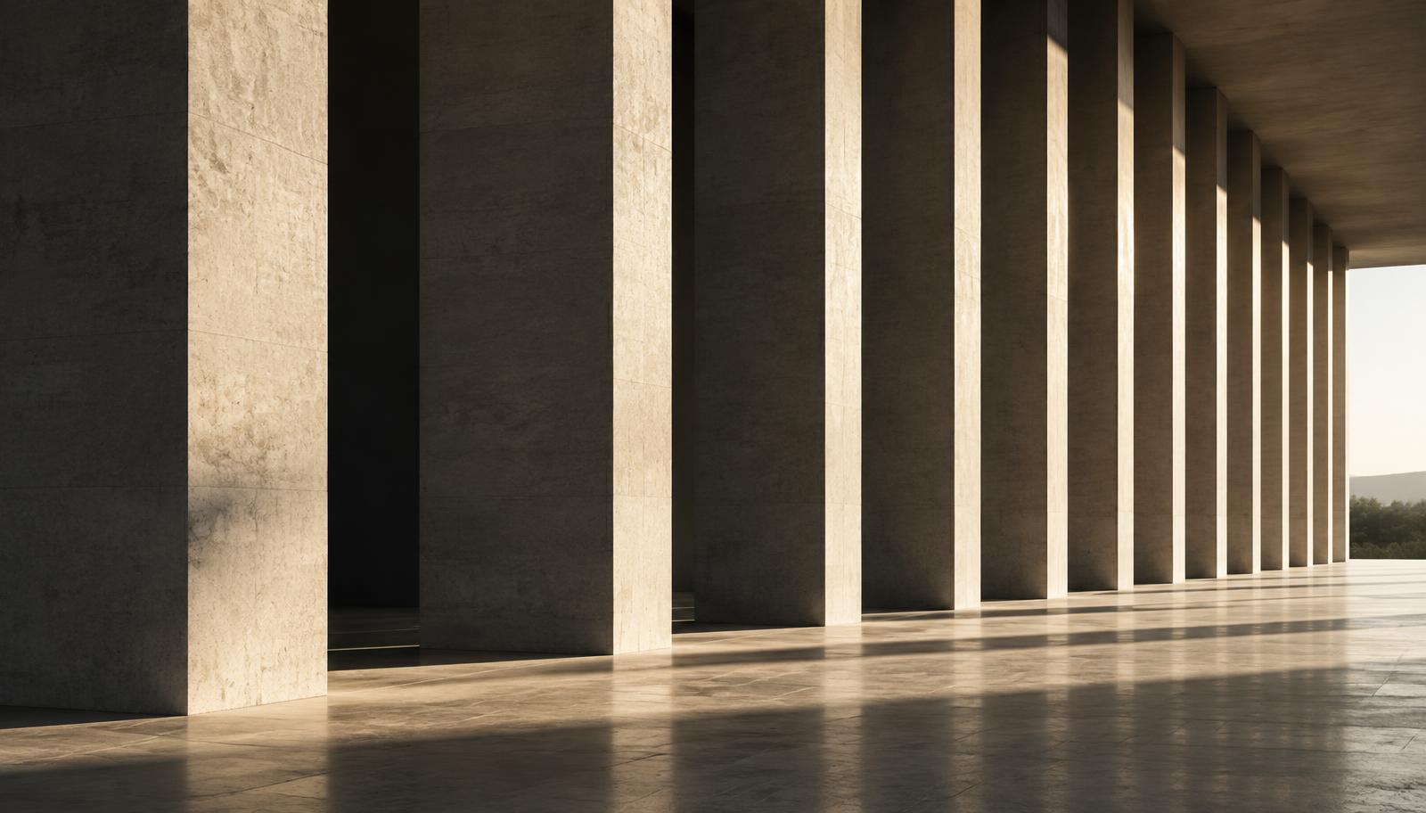 Colunata de arquitetura contemporânea marcada por luz e sombra